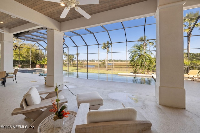 236 Deer Haven Dr, Ponte Vedra Beach, FL 32082 - view of patio featuring a ceiling fan, a hot tub, an outdoor pool, and glass enclosure