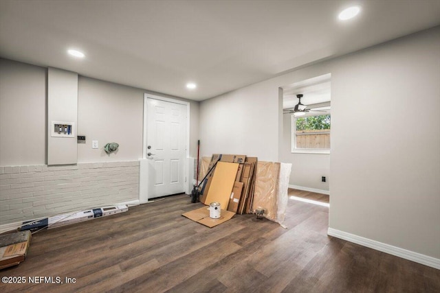 unfurnished room with a ceiling fan, baseboards, wood finished floors, and recessed lighting