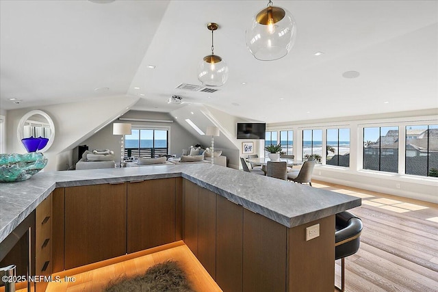 kitchen featuring open floor plan, hanging light fixtures, light wood-style flooring, and a healthy amount of sunlight