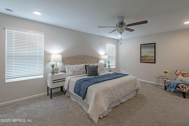 bedroom featuring carpet, baseboards, and a ceiling fan