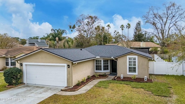 single story home with driveway, a garage, fence, a front yard, and stucco siding