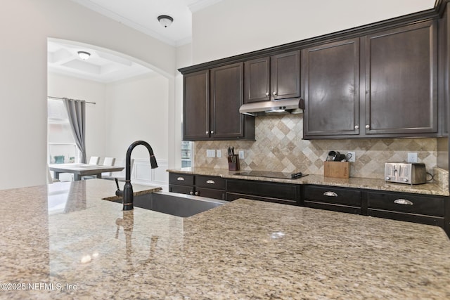 kitchen with dark brown cabinetry, decorative backsplash, crown molding, under cabinet range hood, and a sink