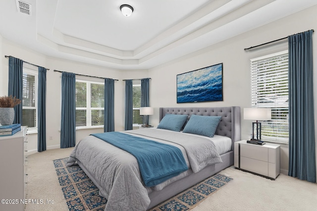 bedroom featuring carpet floors, a tray ceiling, visible vents, and baseboards