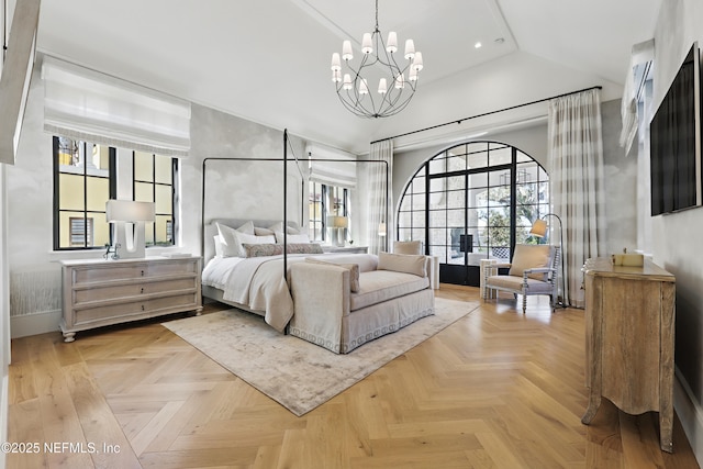 bedroom featuring vaulted ceiling, a chandelier, and recessed lighting