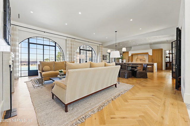 living room with recessed lighting