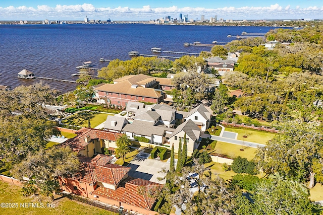 aerial view featuring a water view and a residential view