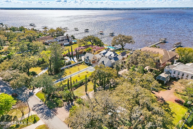 birds eye view of property with a residential view and a water view