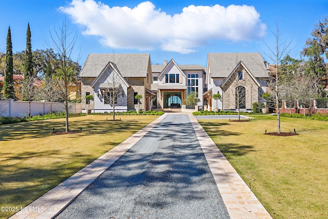 view of front of property featuring stone siding, fence, and a front lawn