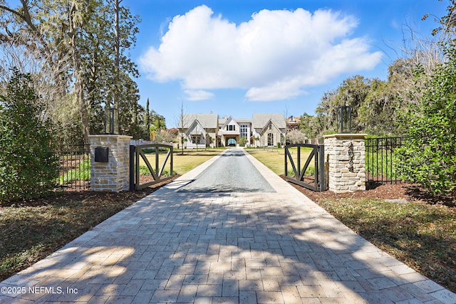 view of gate featuring a fenced front yard and a lawn