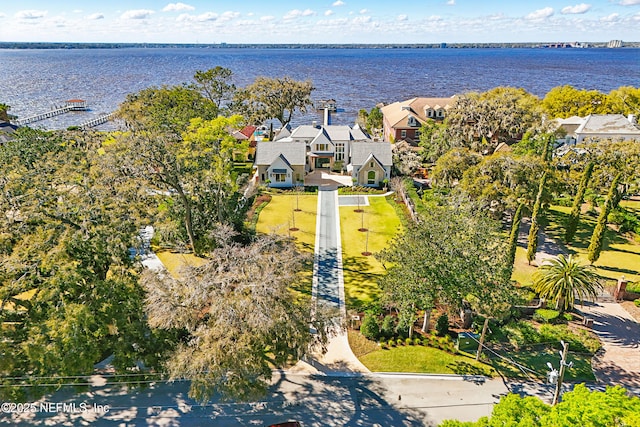 aerial view featuring a water view