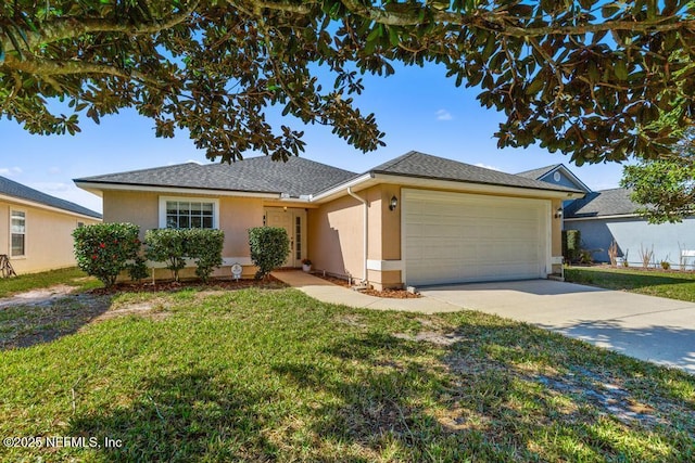 ranch-style house featuring stucco siding, a shingled roof, concrete driveway, an attached garage, and a front lawn