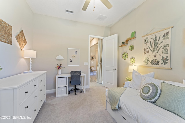 bedroom featuring visible vents, baseboards, light colored carpet, and ceiling fan