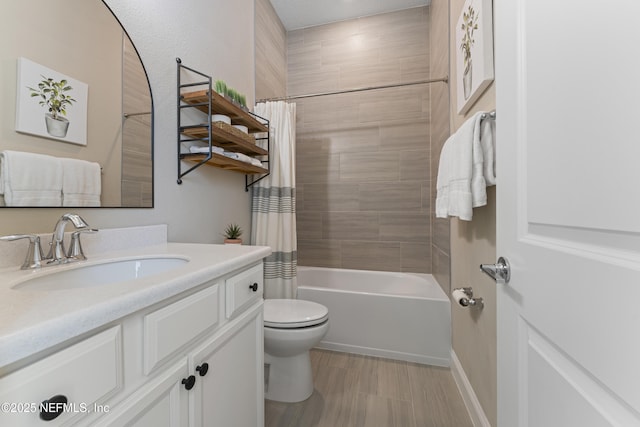 full bathroom with toilet, vanity, and shower / tub combo