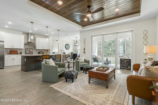 19 Essex Ln, Palm Coast, FL 32164 - living area featuring light wood-style flooring, recessed lighting, wooden ceiling, a raised ceiling, and a ceiling fan