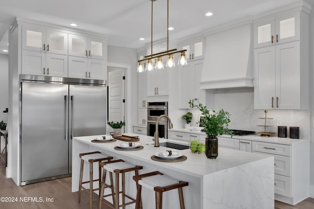 kitchen with white cabinets, decorative backsplash, stainless steel appliances, premium range hood, and a sink