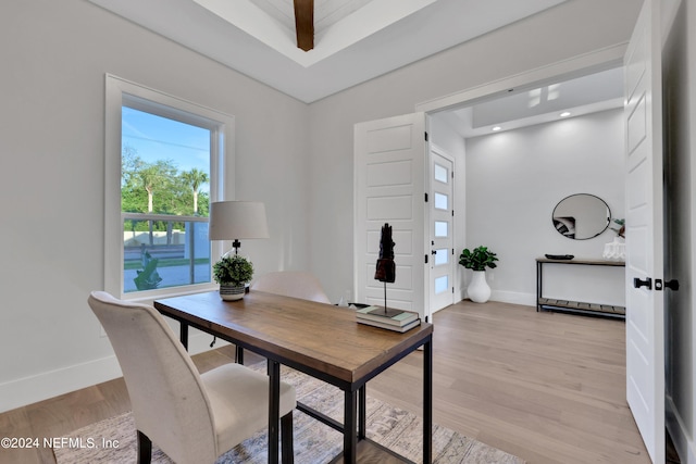 office featuring light wood finished floors and baseboards