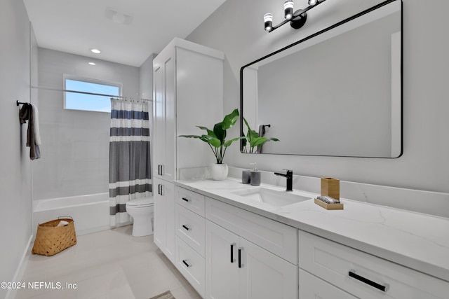 bathroom with recessed lighting, shower / bathtub combination with curtain, toilet, vanity, and tile patterned flooring