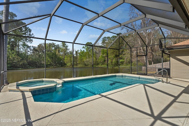 view of swimming pool featuring glass enclosure, a pool with connected hot tub, a water view, and a patio