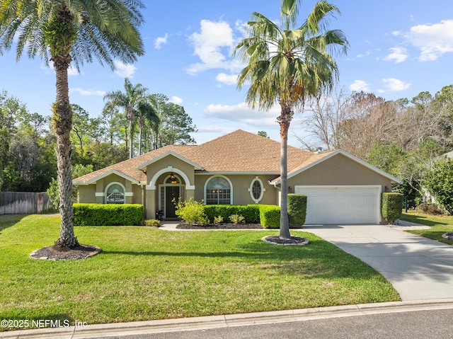 mediterranean / spanish house featuring concrete driveway, a front lawn, fence, and stucco siding