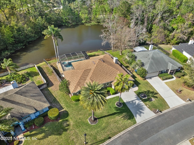 aerial view featuring a water view