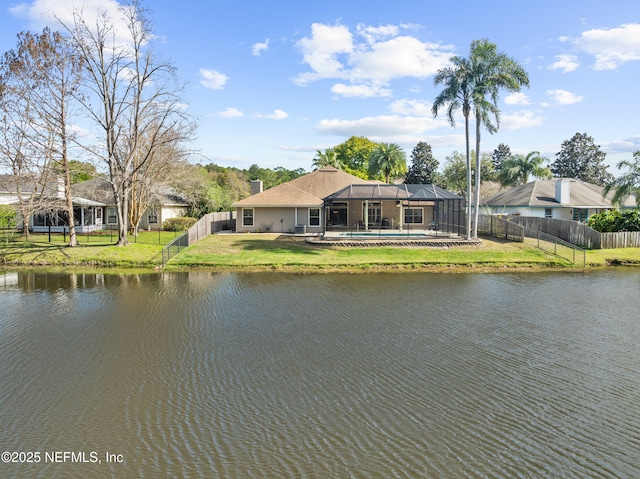 property view of water featuring a fenced backyard