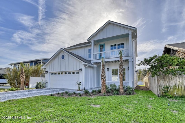view of front facade featuring driveway, an attached garage, board and batten siding, a balcony, and a porch