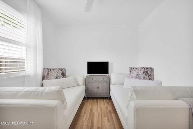 bedroom with light wood-style floors and ceiling fan