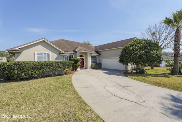 ranch-style house featuring driveway, a garage, a front lawn, and stucco siding