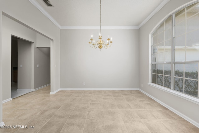 spare room with a chandelier, light tile patterned floors, visible vents, baseboards, and crown molding