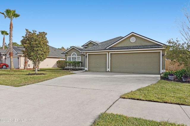 single story home featuring a garage, driveway, a front lawn, and stucco siding