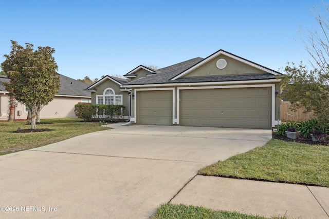 ranch-style home featuring a garage, driveway, a front yard, and stucco siding