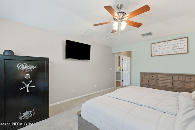 bedroom with lofted ceiling, a ceiling fan, visible vents, baseboards, and carpet