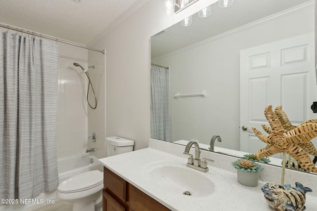 bathroom featuring shower / bathtub combination with curtain, toilet, ornamental molding, a textured ceiling, and vanity