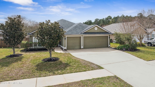 view of front facade featuring roof with shingles, stucco siding, concrete driveway, an attached garage, and a front lawn