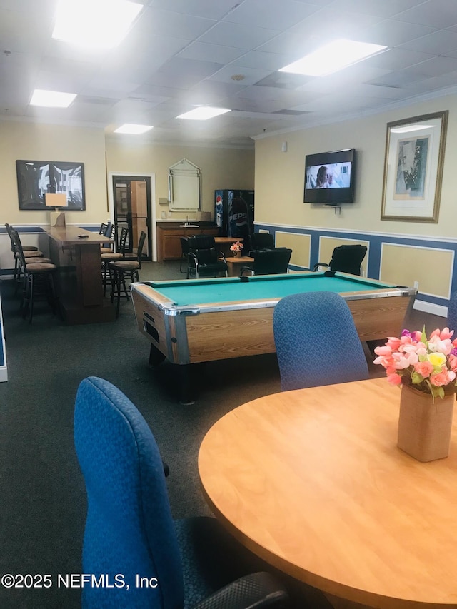 game room featuring ornamental molding, carpet, and billiards