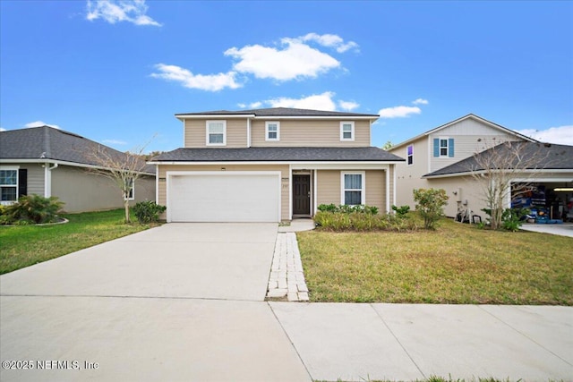 traditional-style house with a garage, a front lawn, and concrete driveway