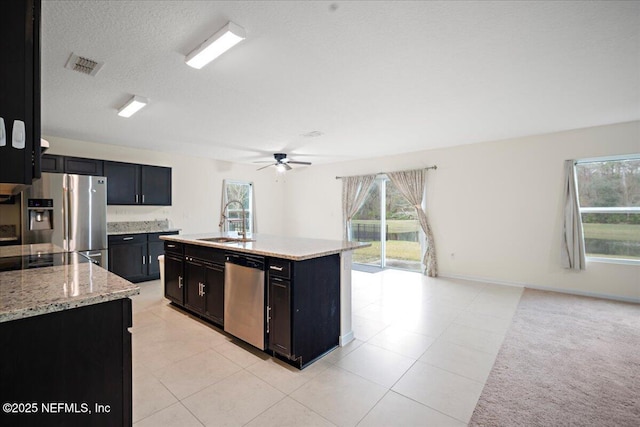 kitchen with open floor plan, appliances with stainless steel finishes, a sink, and a healthy amount of sunlight