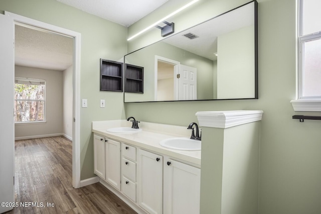 bathroom featuring double vanity, visible vents, a sink, and wood finished floors