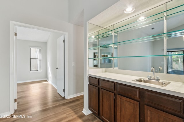 bar with baseboards, a sink, and wood finished floors