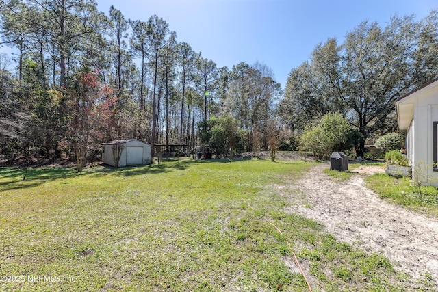 view of yard with an outbuilding and a shed