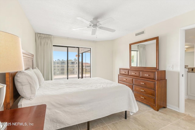 bedroom featuring visible vents, baseboards, light tile patterned floors, a ceiling fan, and access to outside