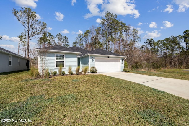 ranch-style home featuring concrete driveway, an attached garage, and a front lawn