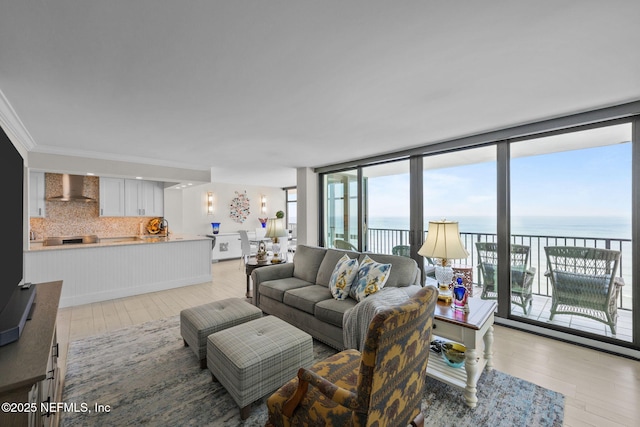 living area with ornamental molding, expansive windows, a water view, and light wood finished floors