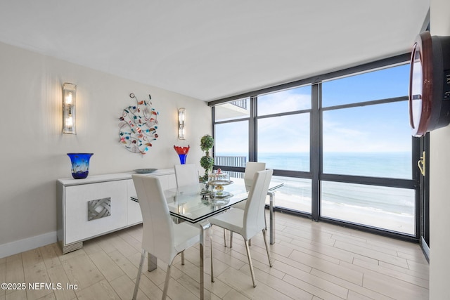 dining room featuring a water view, light wood-style floors, baseboards, and floor to ceiling windows