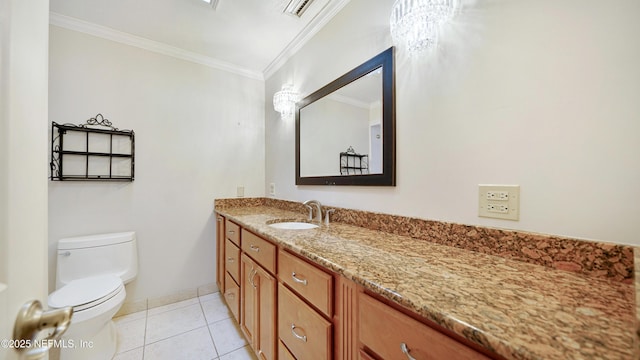 half bathroom featuring visible vents, toilet, ornamental molding, vanity, and tile patterned flooring