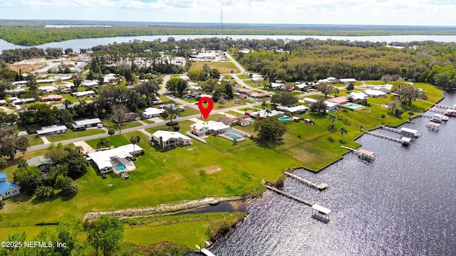 drone / aerial view featuring a water view