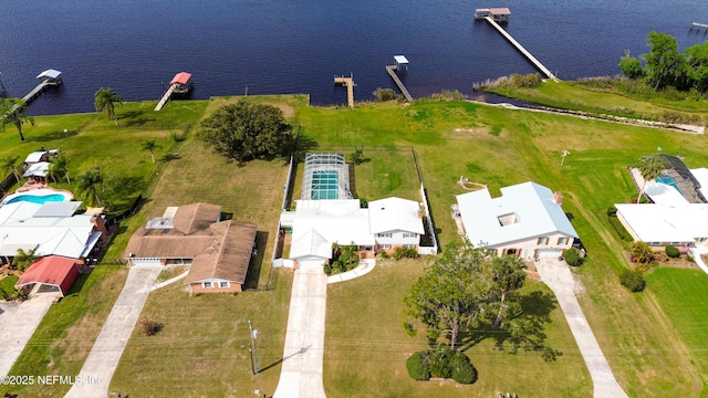 bird's eye view with a water view