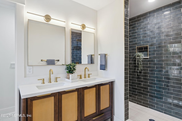 bathroom featuring double vanity, tiled shower, and a sink