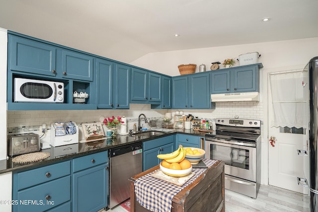 kitchen featuring lofted ceiling, electric range, a sink, under cabinet range hood, and dishwashing machine