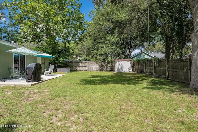 view of yard featuring a storage shed, a patio, an outdoor structure, and a fenced backyard